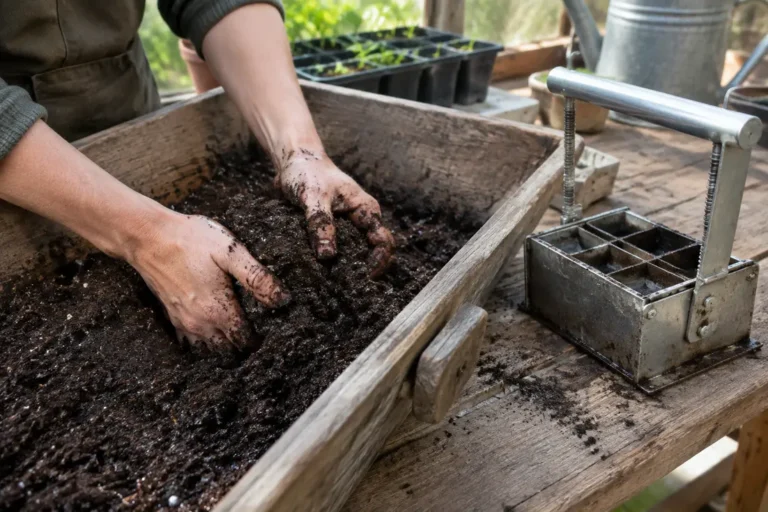 Mains de jardinier humidifiant le terreau pour presse motte dans un bac en bois